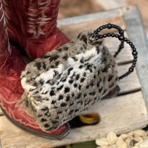 Mini Faux Leopard Fur Purse – Black Beaded Handle - Picture 4 of 9